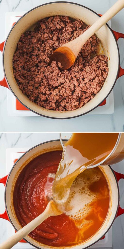 A large pot on the stovetop filled with simmering lasagna soup ingredients.
