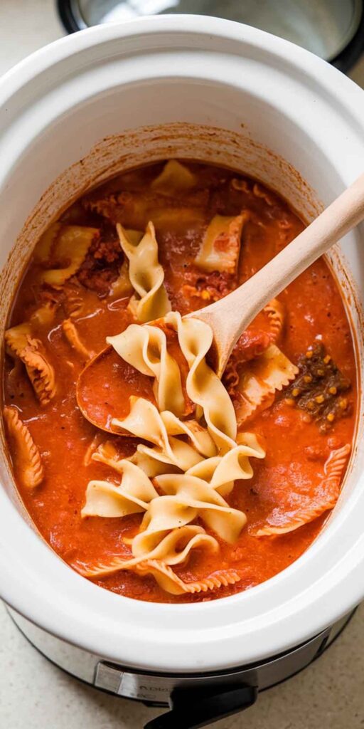 Broken lasagna noodles being added to the crockpot 30 minutes before serving.