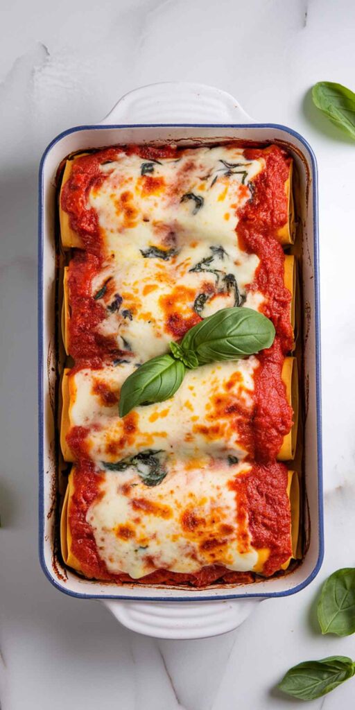 Golden-brown baked lasagna roll-ups with bubbling cheese and tomato sauce.