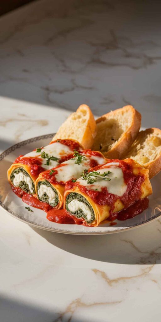  Freshly baked cheesy lasagna roll-ups in a casserole dish with marinara sauce.