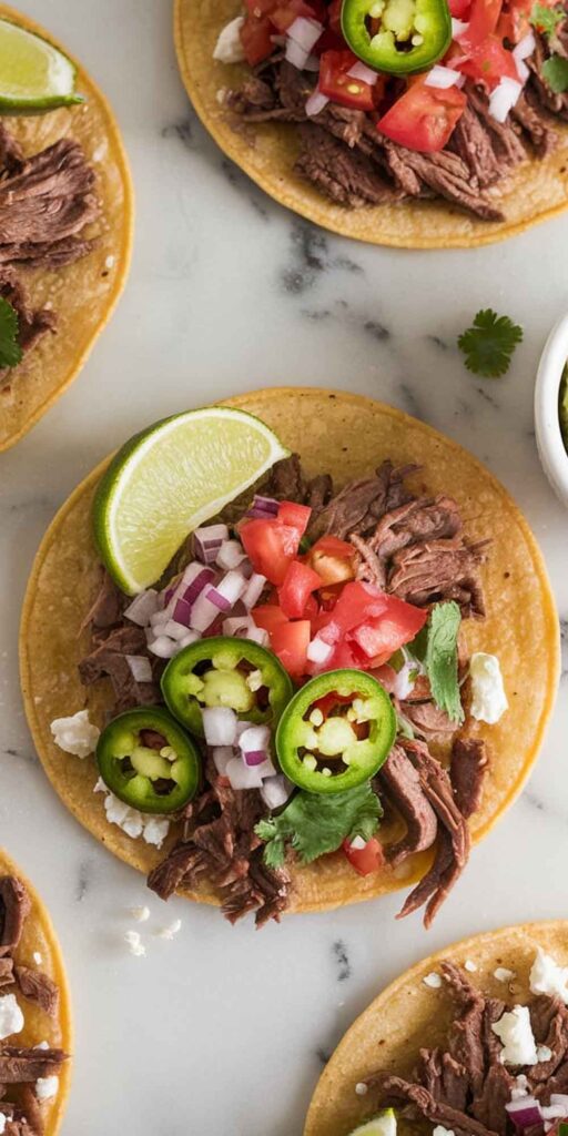 Taco topped with pico de gallo, cilantro, and lime.