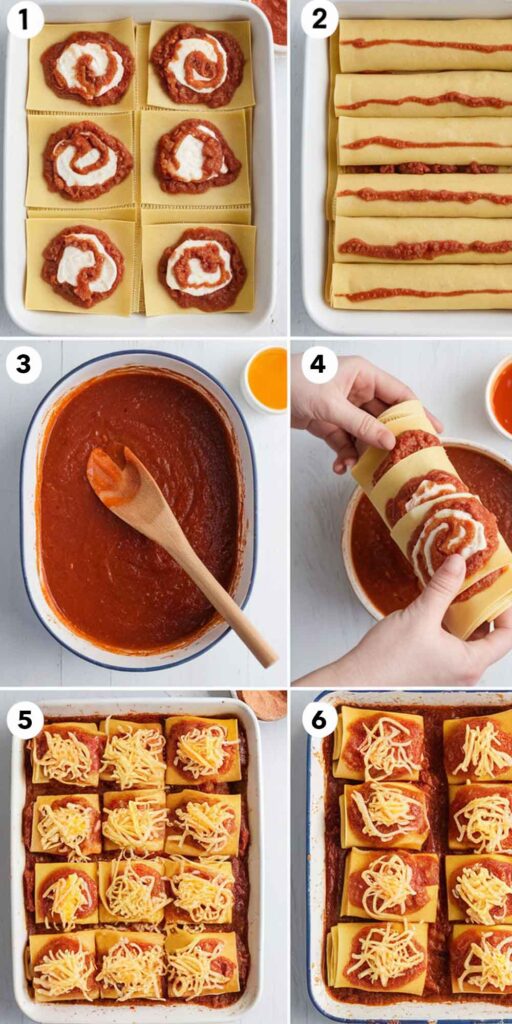 A plate of homemade lasagna roll-ups topped with melted mozzarella cheese.making step by step guide