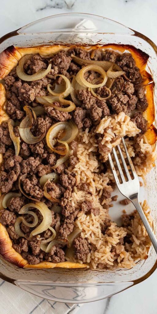 French Onion Ground Beef and Rice Casserole perfectly served