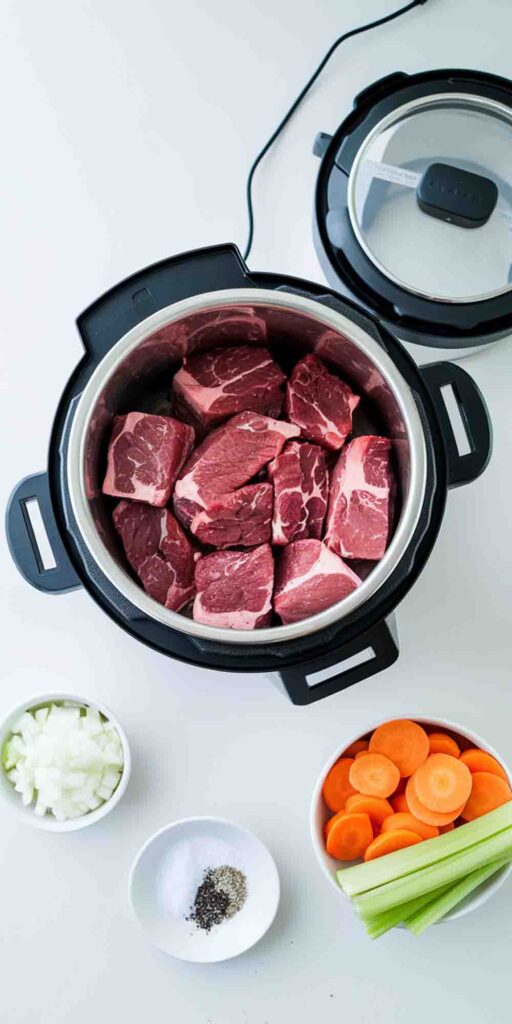 Chopped carrots, celery, onions, and potatoes arranged neatly on a cutting board, prepared for the beef stew.