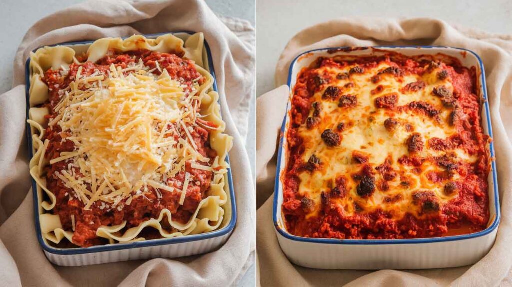 Step-by-step layering of lasagna with ricotta, meat sauce, and mozzarella cheese in a baking dish.