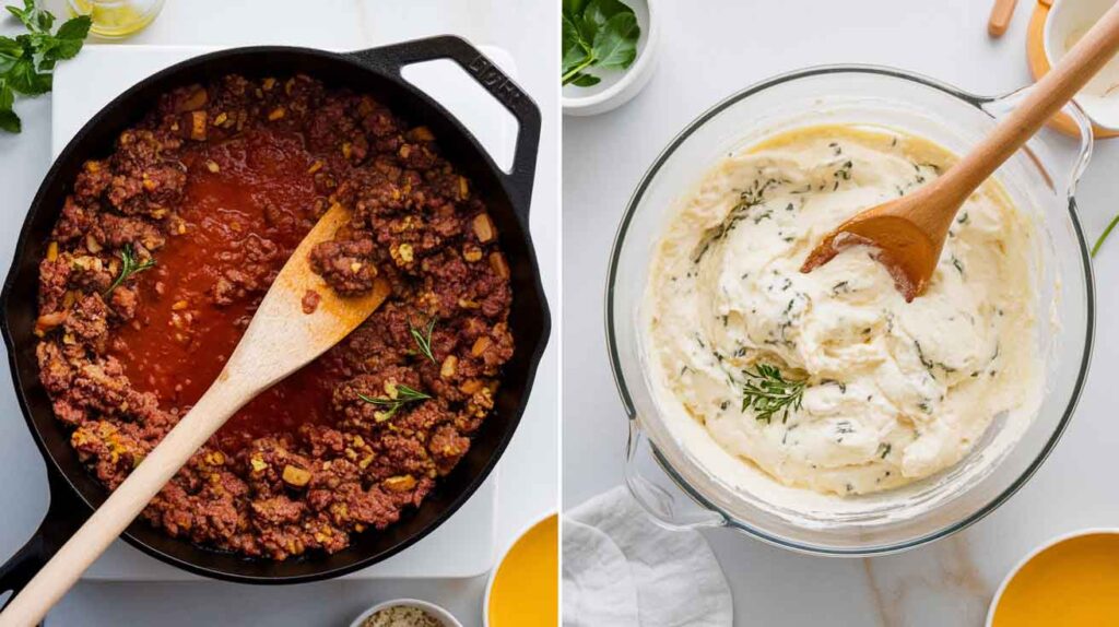 Cooking a flavorful meat sauce for lasagna, featuring ground beef, onions, garlic, and crushed tomatoes.