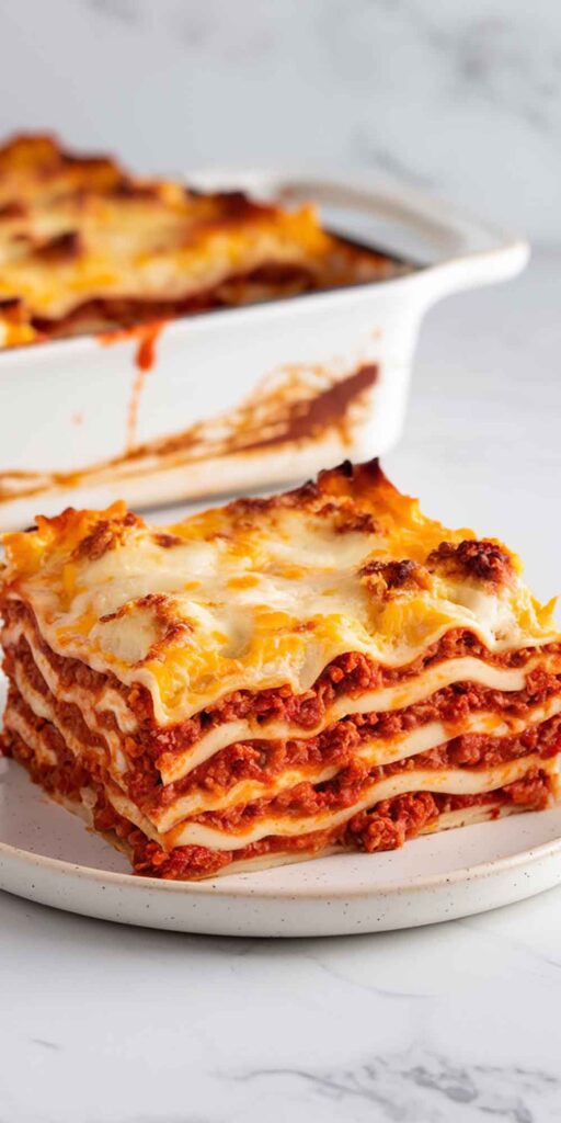  A mom slicing into a homemade lasagna with ricotta, showcasing the layers of cheese and sauce.