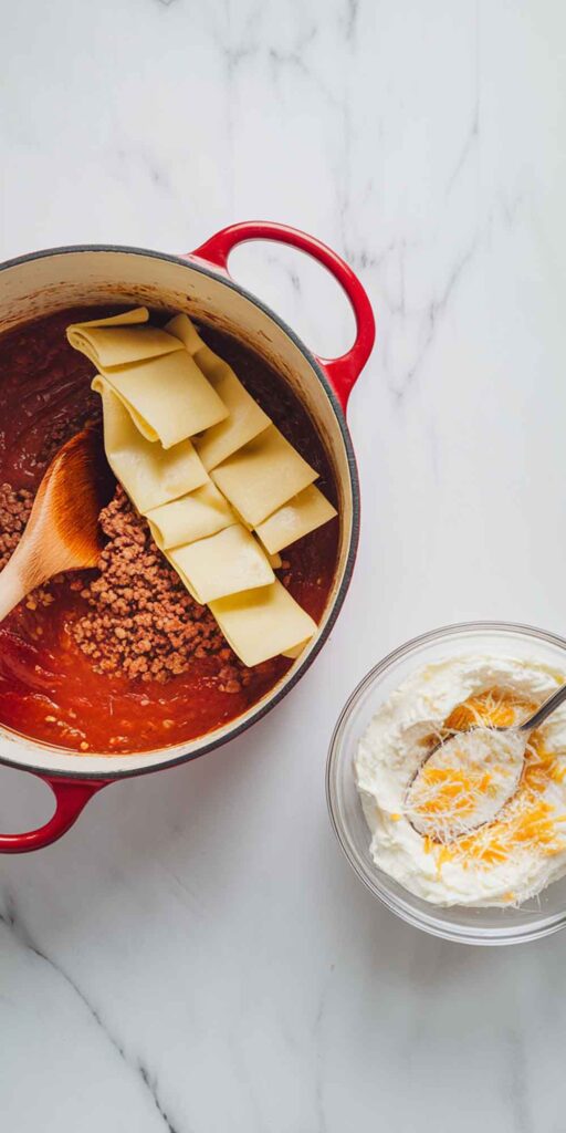 A bowl of lasagna soup with chunks of sausage and a sprinkle of red pepper flakes