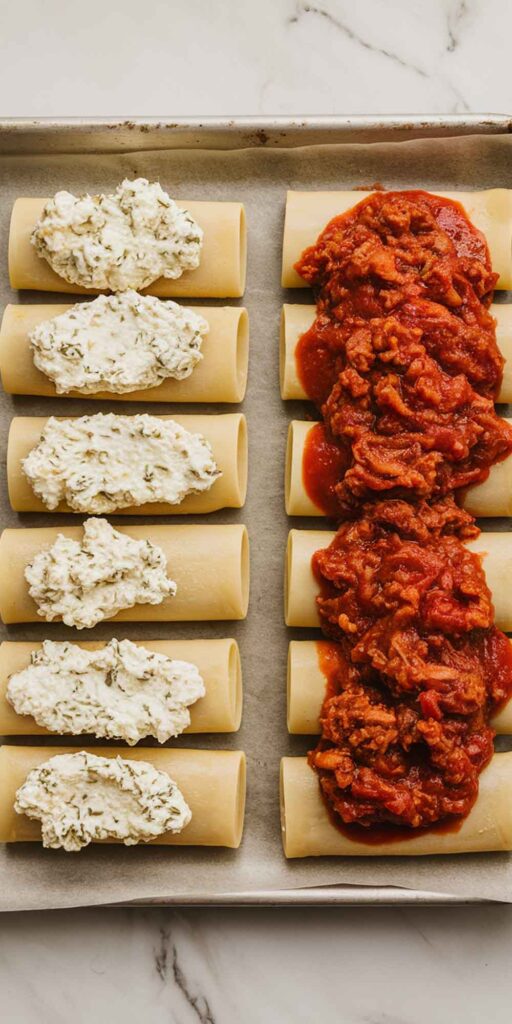 A fork cutting into lasagna roll-ups filled with meat sauce and cheese.