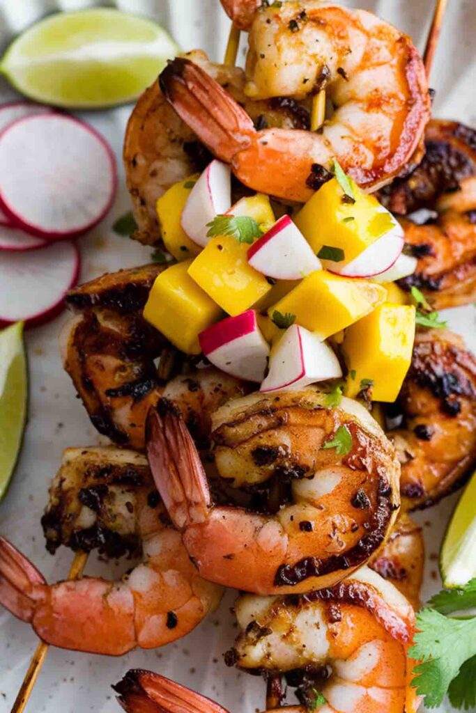 Grilled Shrimp with Mango Lime and Radish Salsa recipe